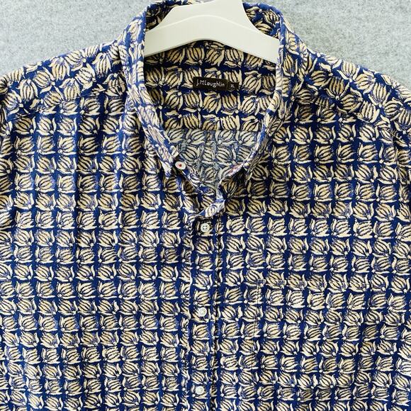 J. McLaughlin Shirt Mens Size XL Blue & Yellow print Button Up Classic Preppy - Picture 4 of 7
